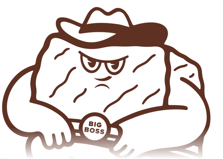 Big Boss, a square brownie in a cowboy hat, scowling with his arms crossed over a championship belt